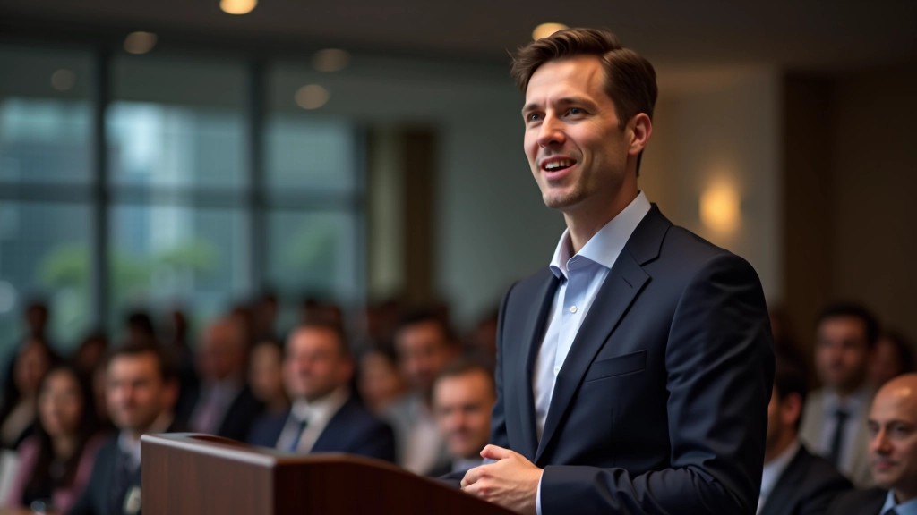 Person standing at a podium delivering a speech with audience members seated and attentively listening in a professional meeting setting