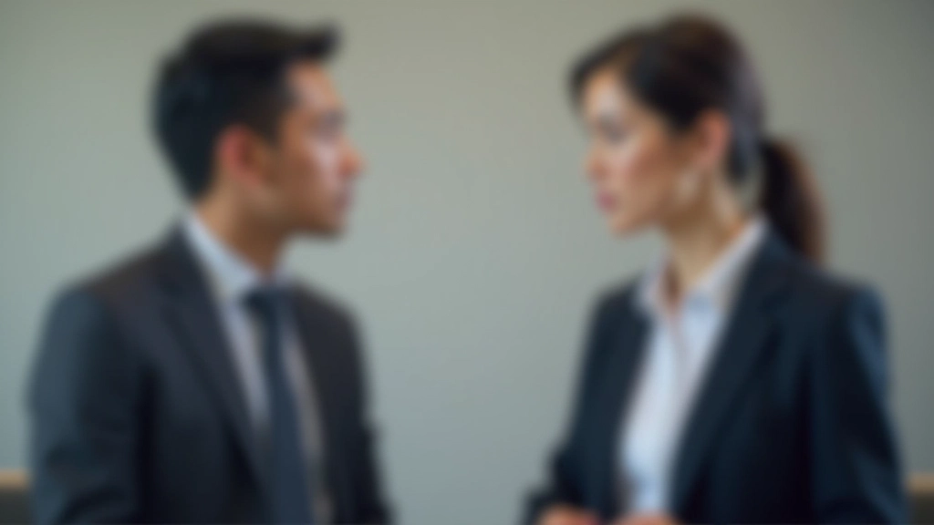 Two professionals having serious conversation, one speaking while other listens intently, thoughtful body language, neutral office background