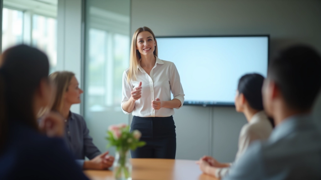 Professional presenting to team in conference room